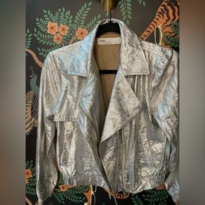 NWOT Zara Shimmering Silver Bomber Jacket